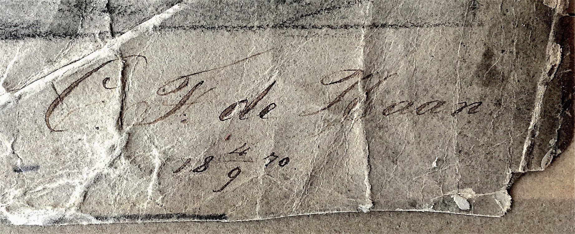 De sierlijke handtekening van Caspar Franciscus (Cas V) de Haan onder een houtskooltekening. Privé-archief T. S. M. de Haan, Delft.