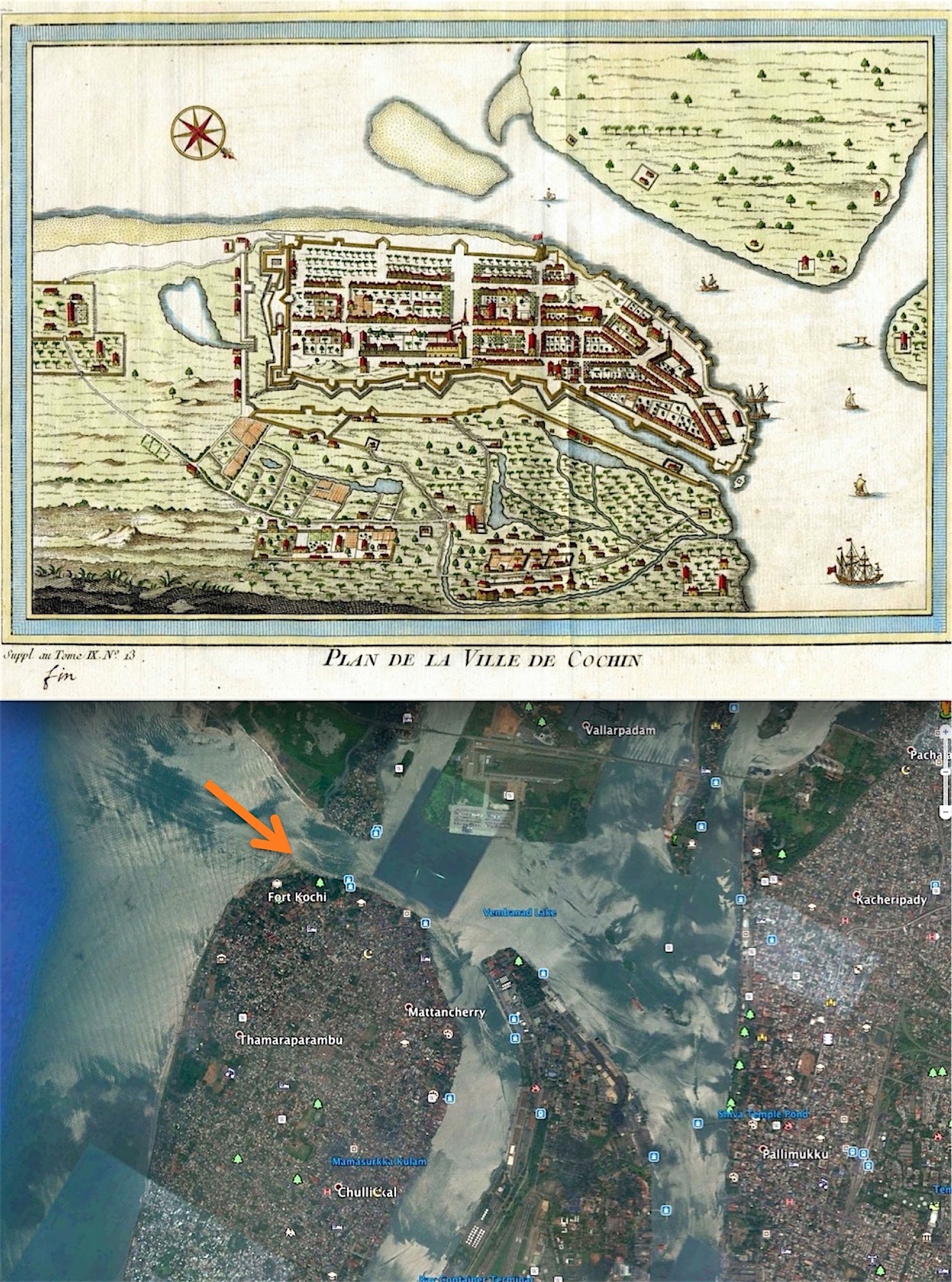 Het tegenwoordige Kochi (onder) met een metropool van 2,5 miljoen mensen, lijkt in niets meer op het Cochin van 1755 (boven), 9 jaar voordat Breekpot er Commandeur wordt. Een paar koloniale Nederlandse huizen staan nog overeind in Fort Kochi (oranje pijl).