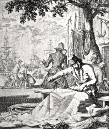 Jan Jansz. van Lodensteyn is zeilmaker. De prent uit Spiegel van 't menschelyk bedryf van Jan en Caspar Luyken verbeeldt een zeilmakerswerkplaats (fotomechanische herdruk van uitgave 1767).